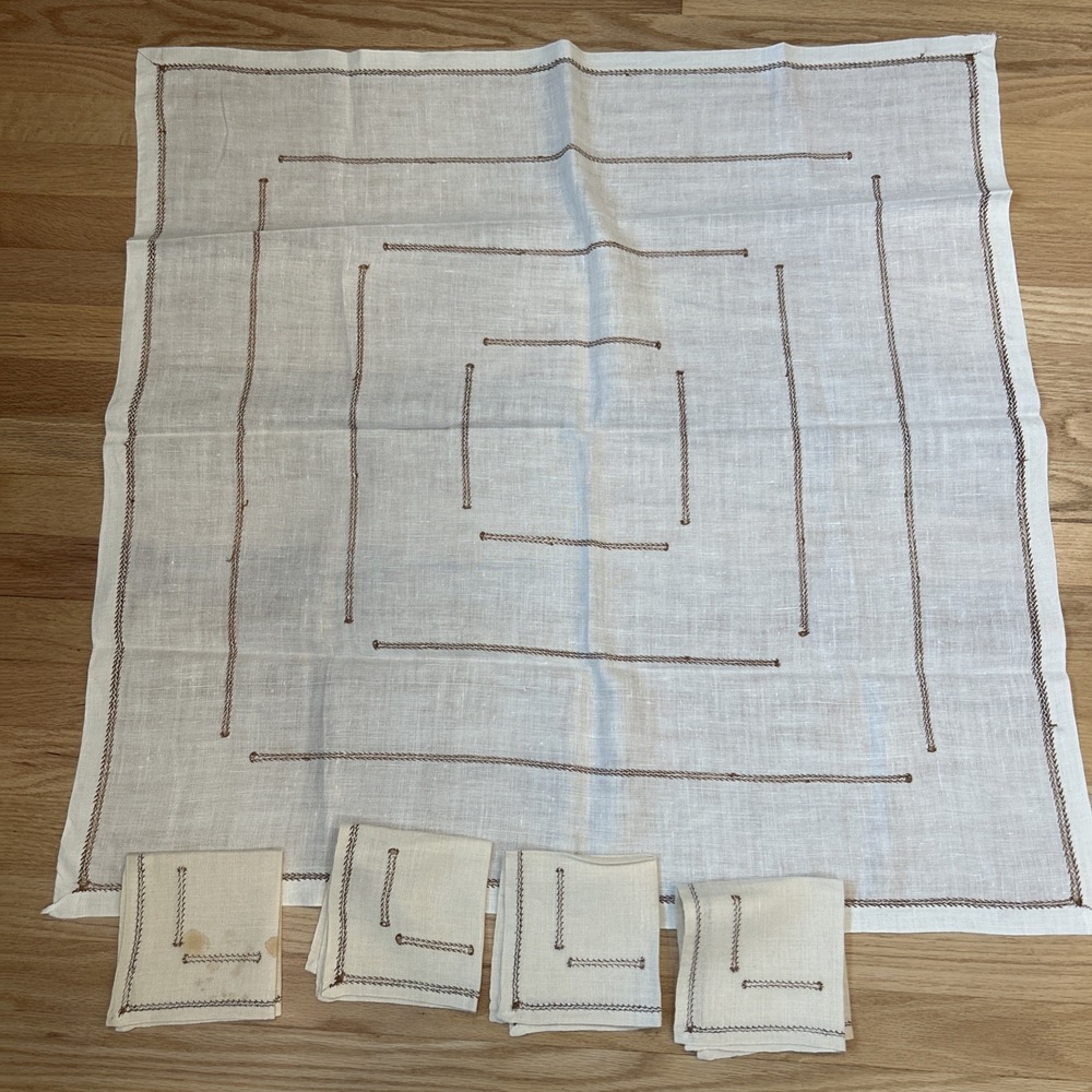Vtg Geometric Linen Tea Set 33x33 Tablecloth 4 Napkins Hand Drawn Openwork Cream